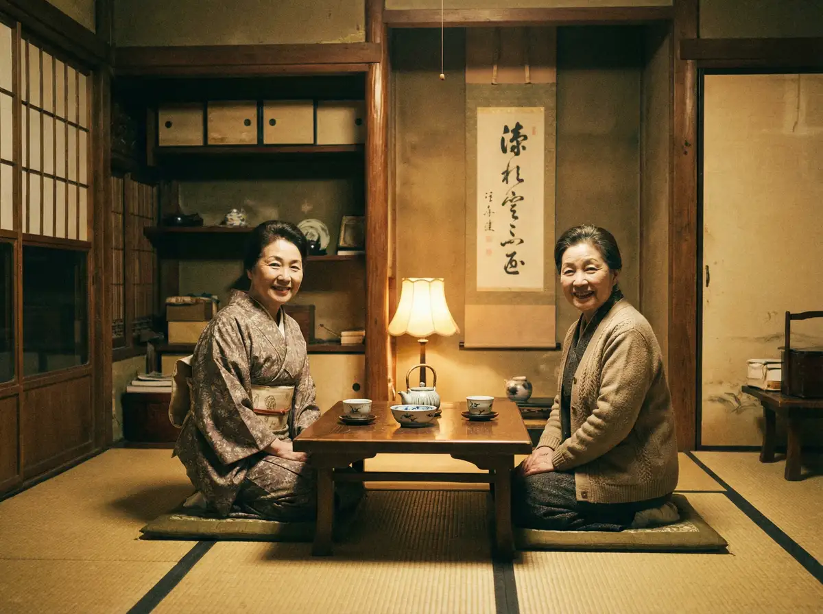 两位优雅的 亚美体育 在日式茶室中品茶交谈